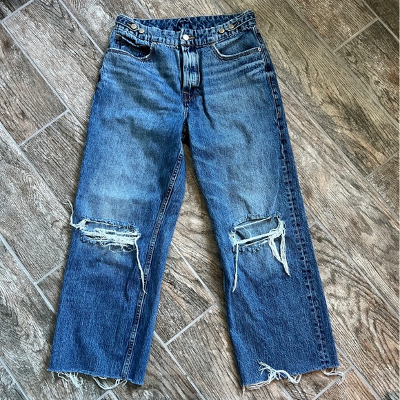 Good American Denim - Good American Straight Wide Leg Distressed Jeans, Raw Hem, High Waist, Women 26